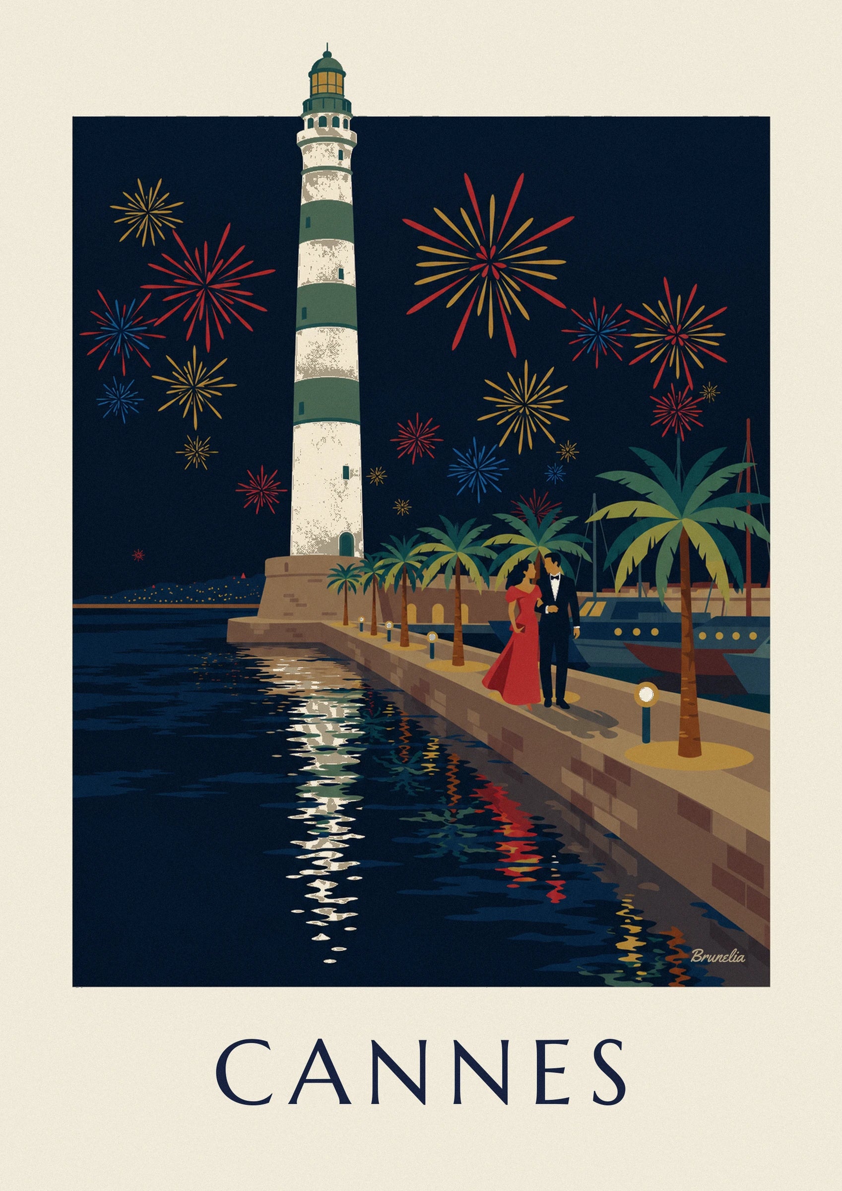 Le couple en robe rouge et smoking noir qui se promène sur le quai, entre palmiers et yachts
