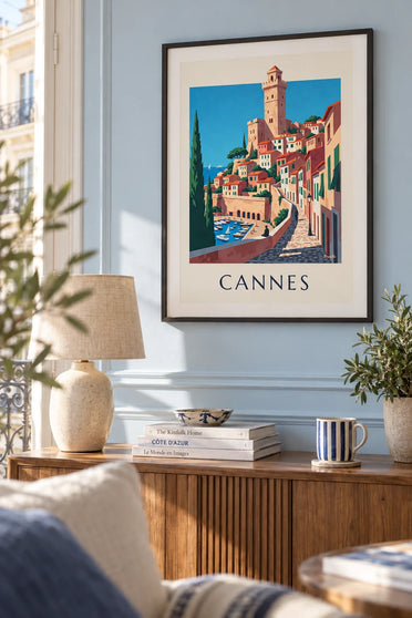 Poster of the old Suquet district and the Old Port of Cannes: framed on the wall