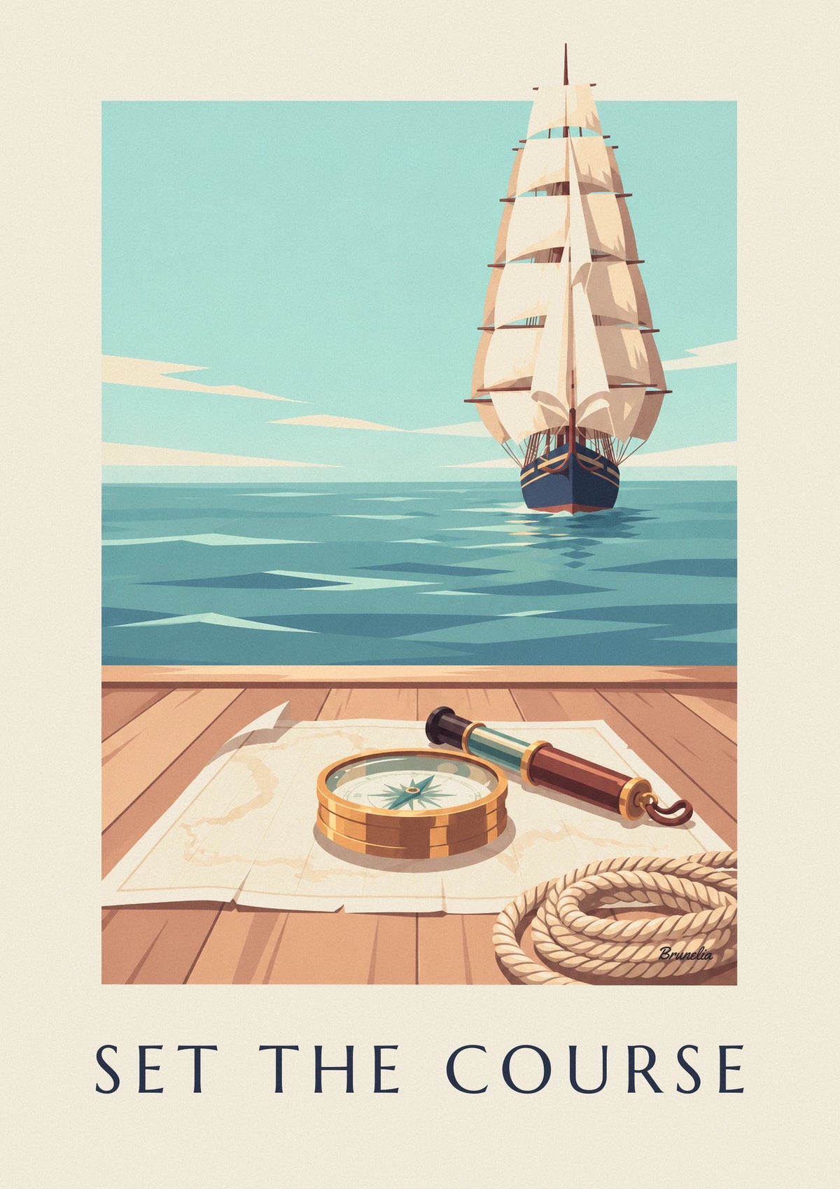 Affiche compas nautique en laiton sur une carte marine