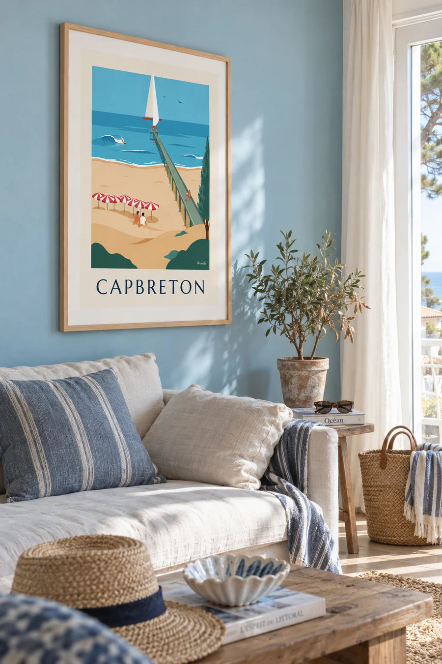 Affiche parasols rayés, estacade et voiliers à Capbreton : encadrée au mur