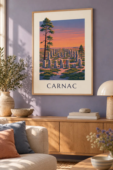 Poster menhirs van Carnac bij zonsondergang : ingelijst aan de muur