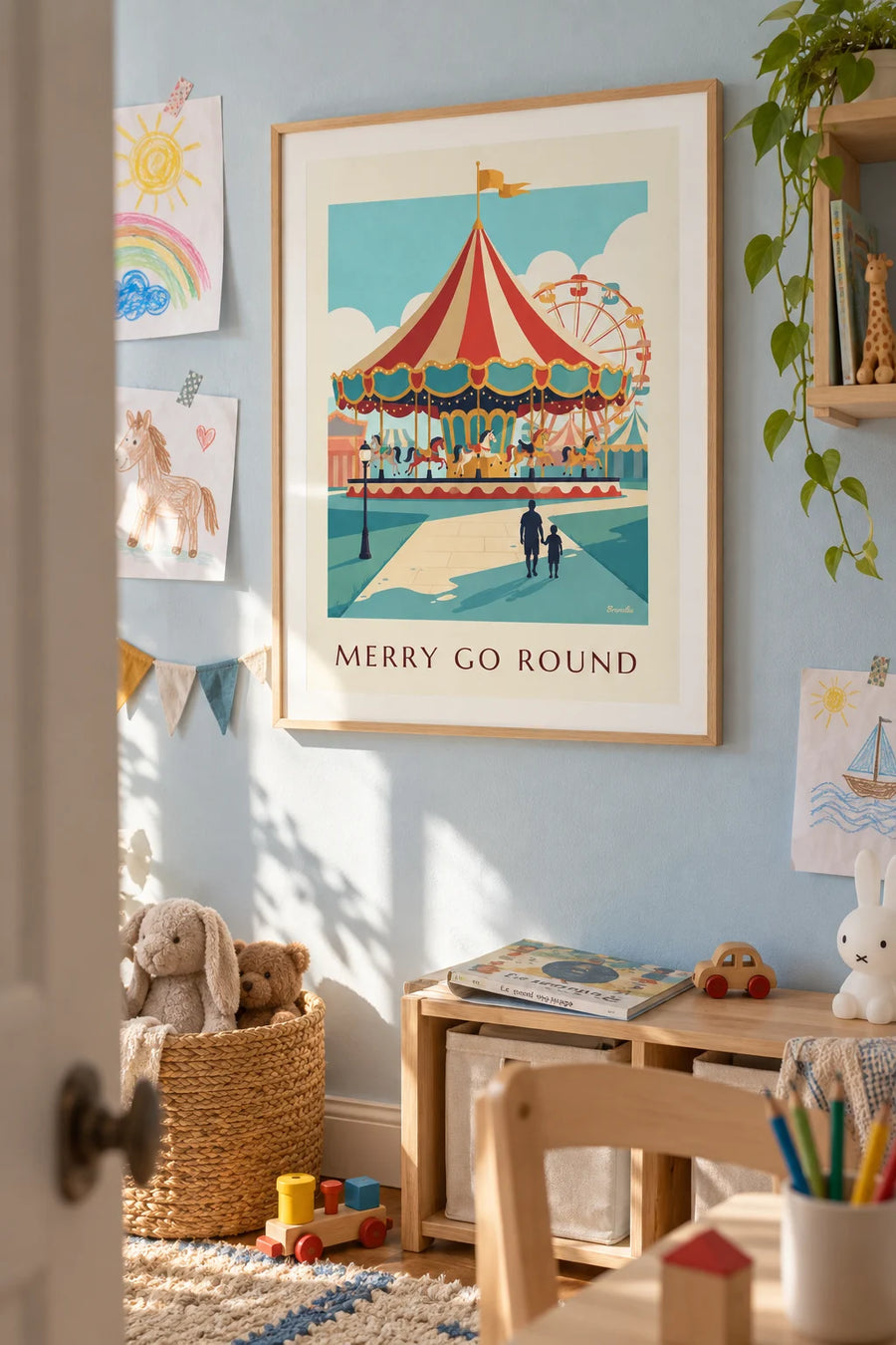 Poster of a illuminated fairground carousel at dusk: framed on the wall