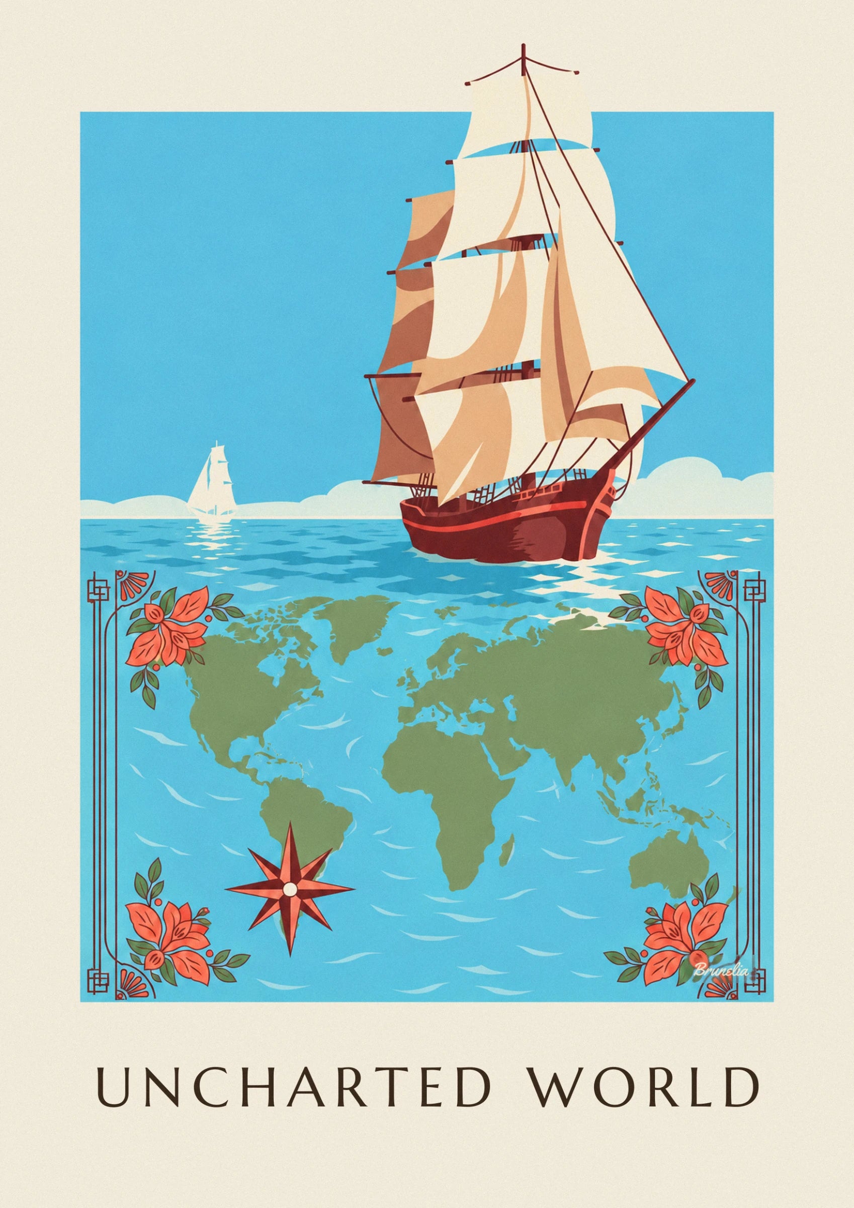 Le grand voilier aux voiles crème et ocre, coque brun rouge sur une mer bleue