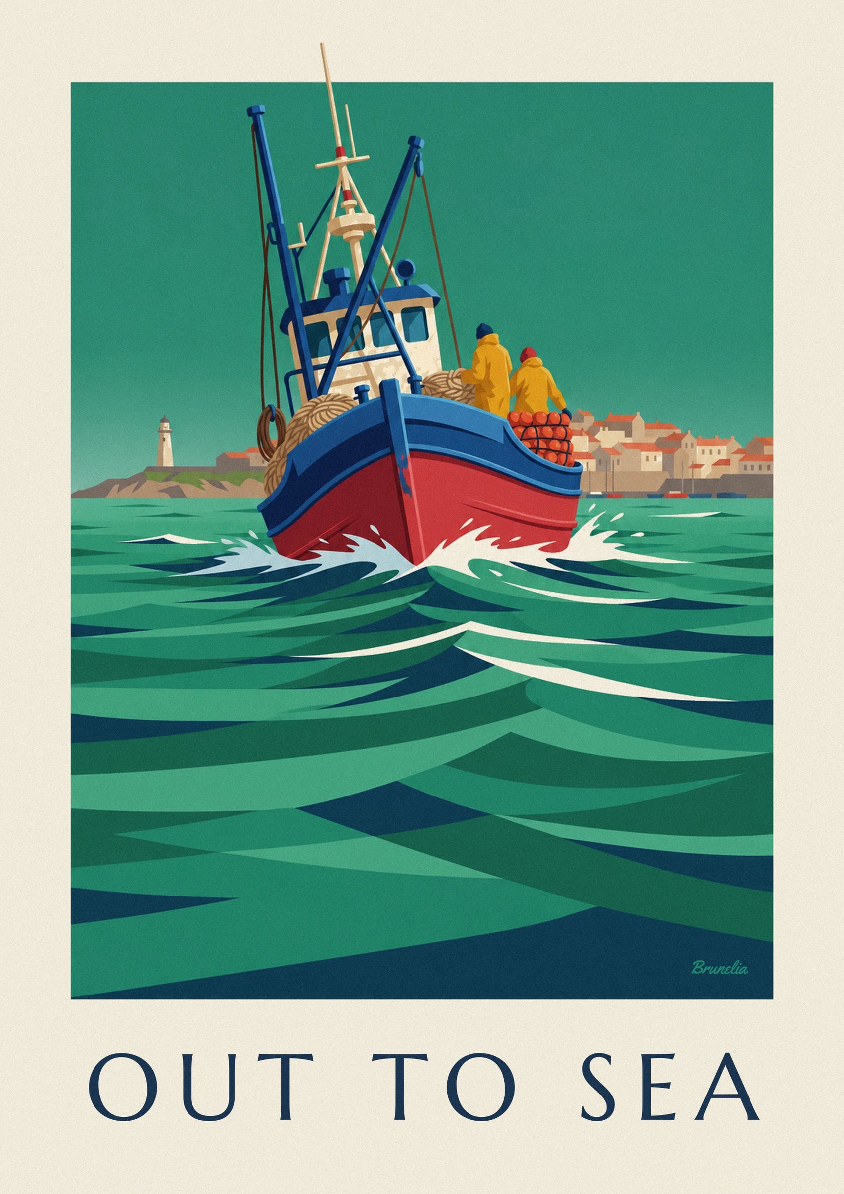 The blue and red trawler with its ropes and 2 sailors in yellow oilskins