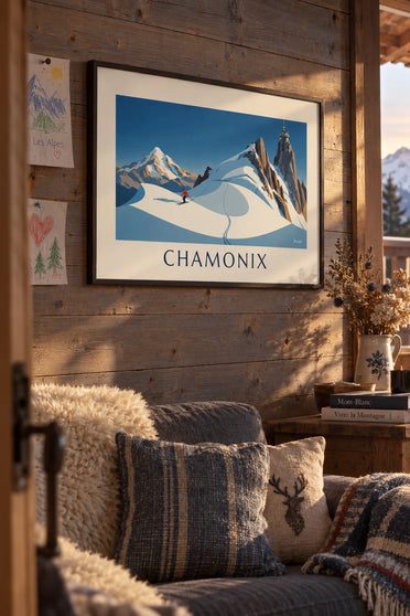 Poster skiër op de gletsjer van de Vallée Blanche in Chamonix: ingelijst aan de muur