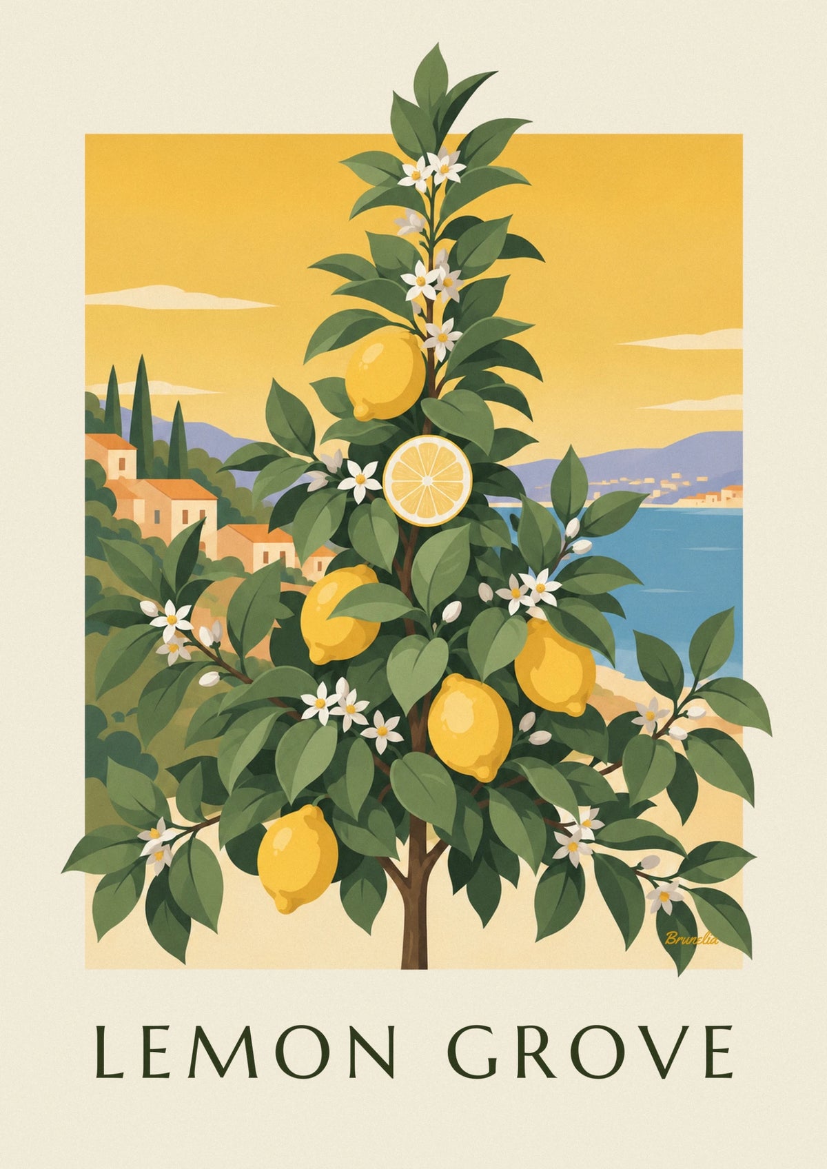 Lemon tree botanical plate in bloom and fruit poster