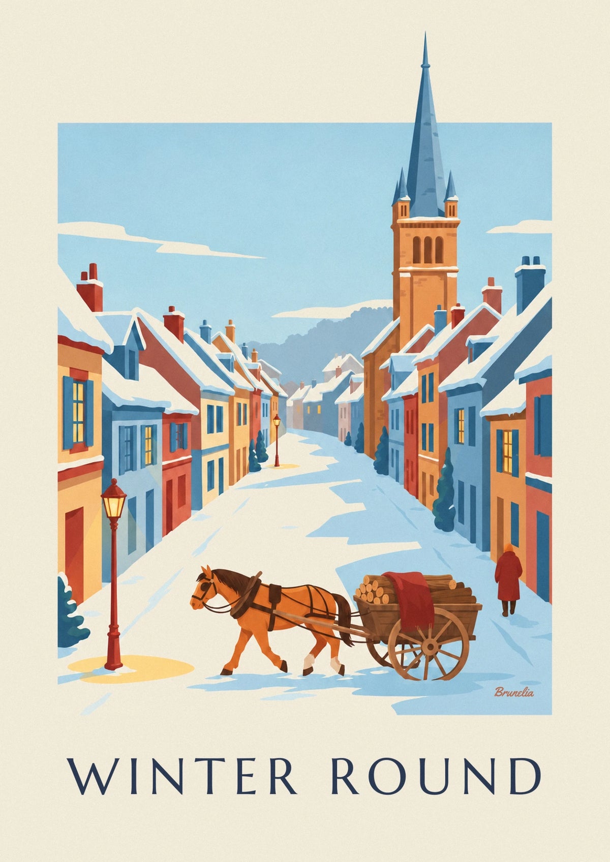 Horse and cart in a snowy village poster