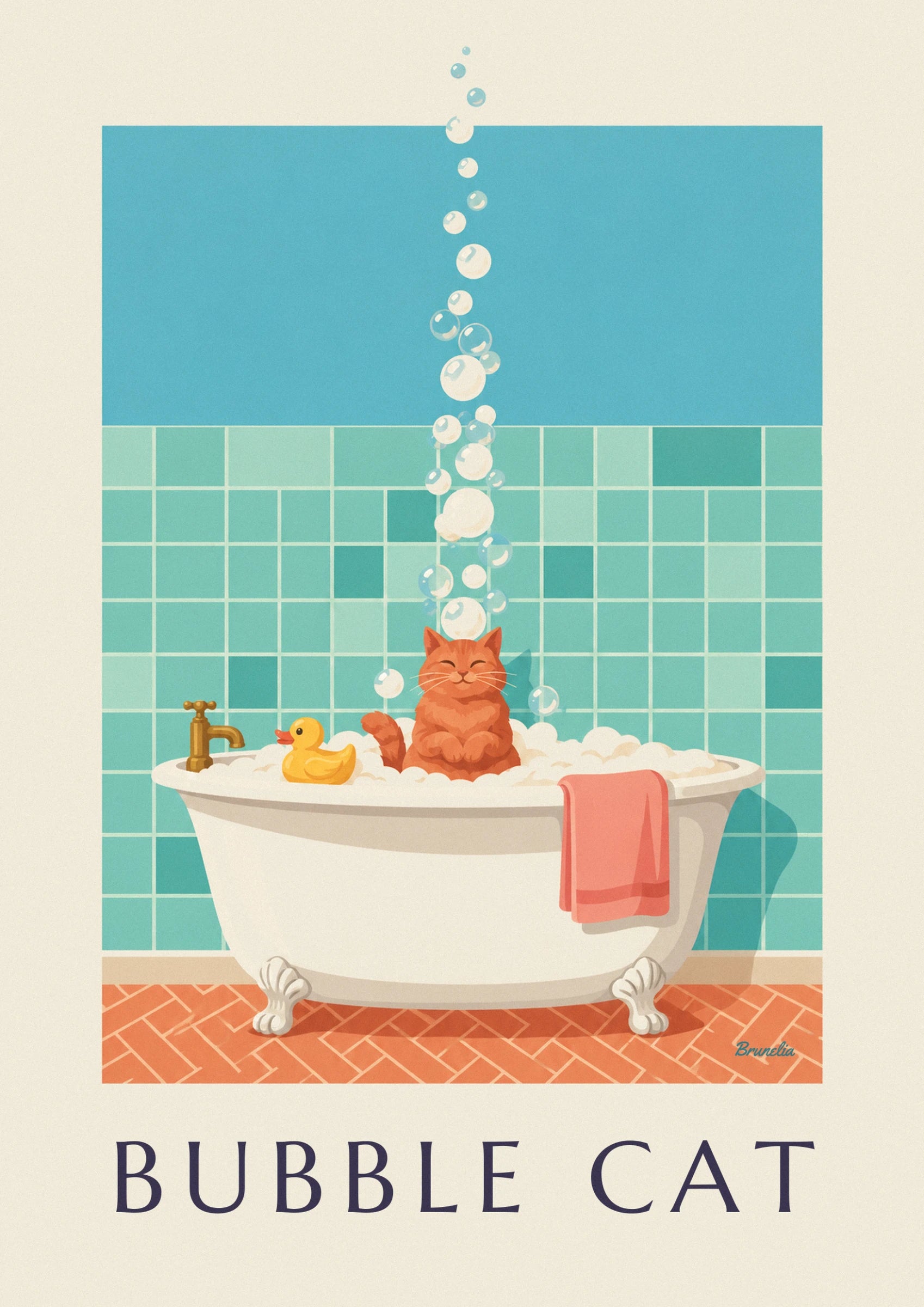 The ginger cat with closed eyes, all smiles among the foam and bubbles