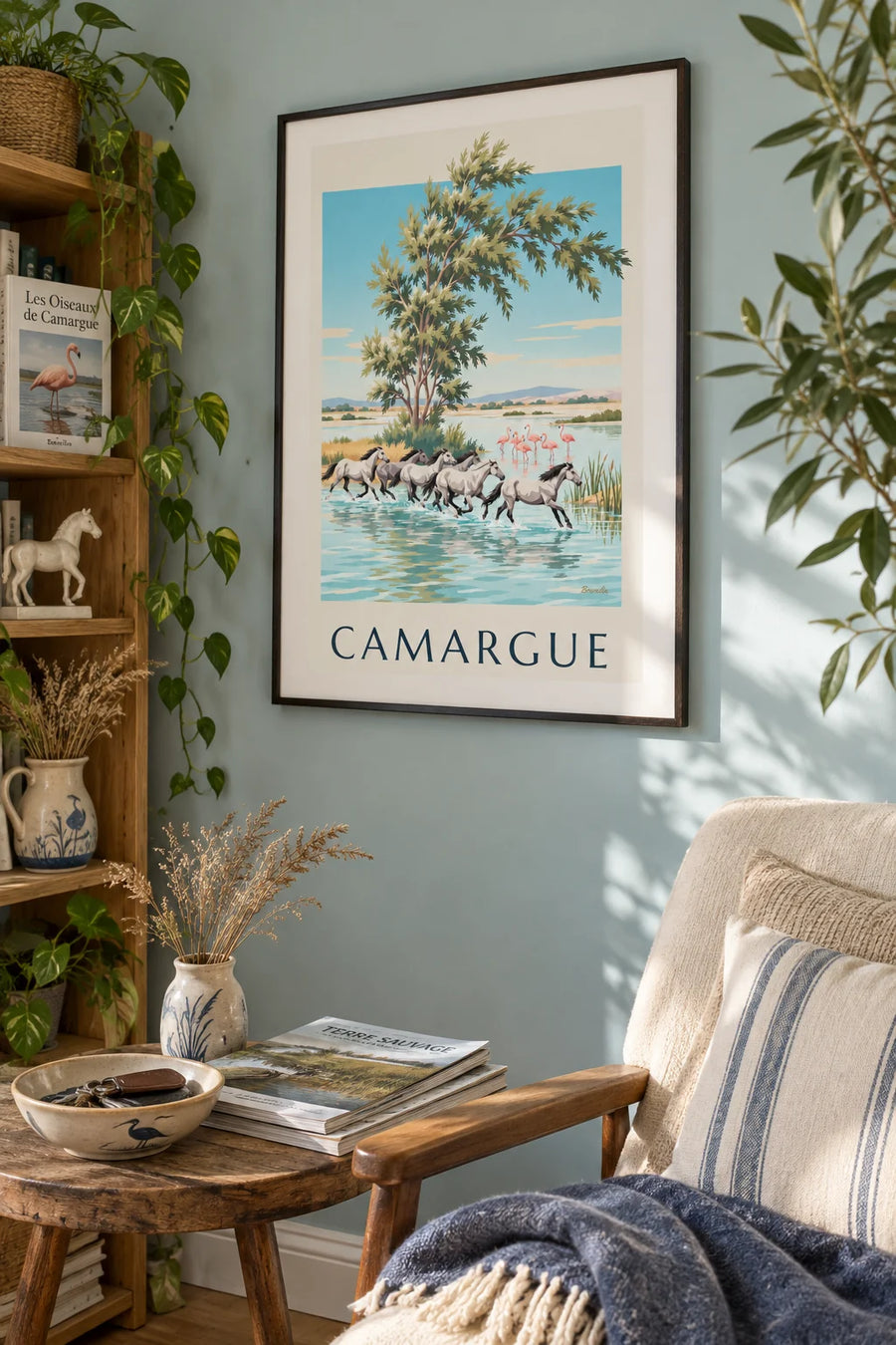 Poster Camargue-paarden in galop door de moerassen: ingelijst aan de muur