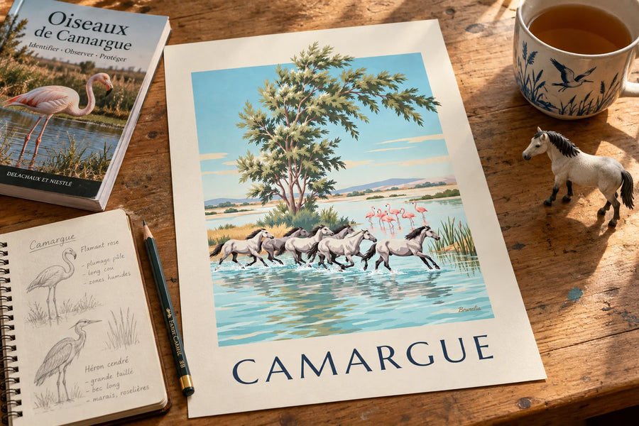 Poster Camargue-paarden in galop door het moeras: op een tafel