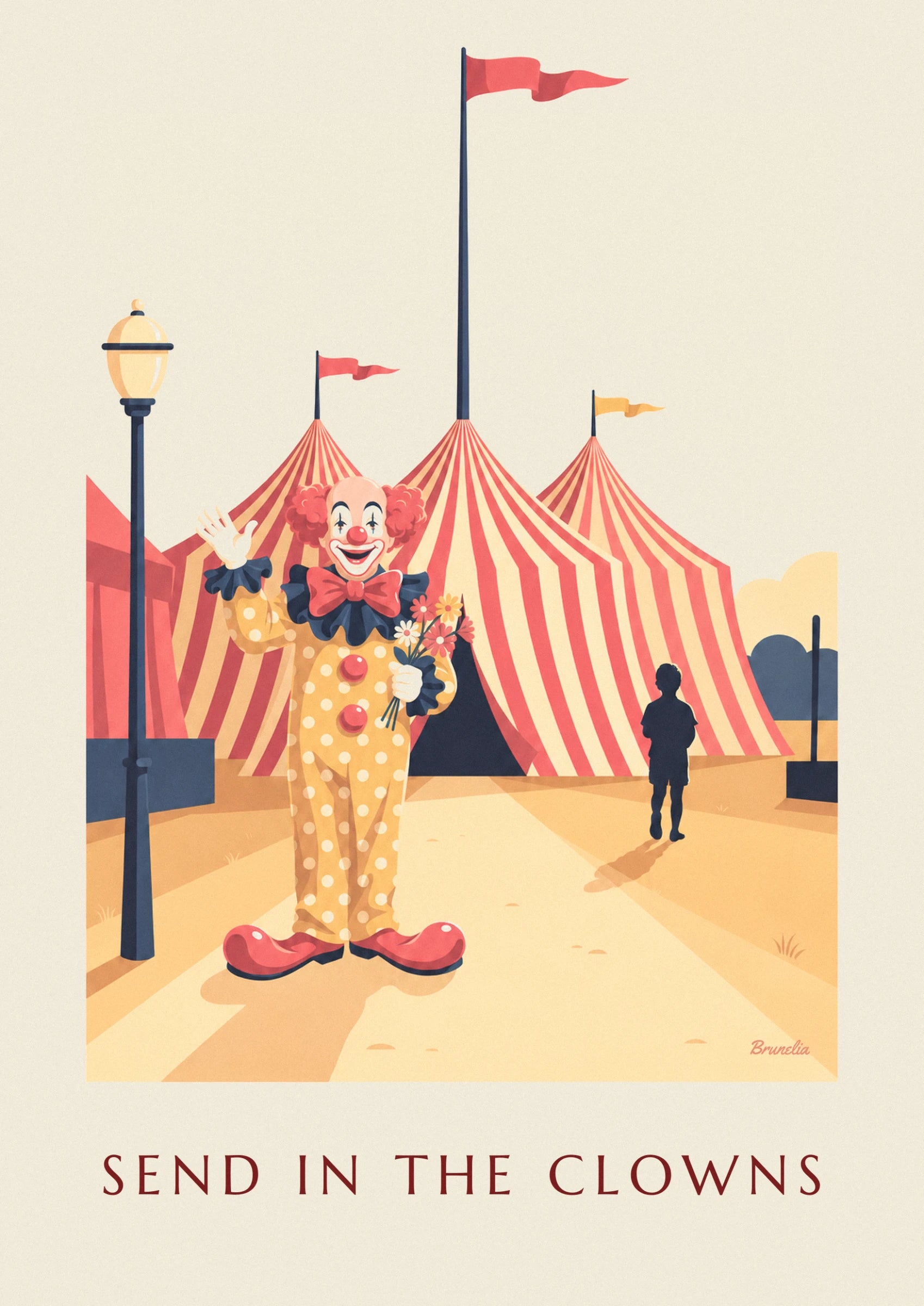 De clown in geel stippenpak die zwaait, met een grote rode strik en een bos bloemen