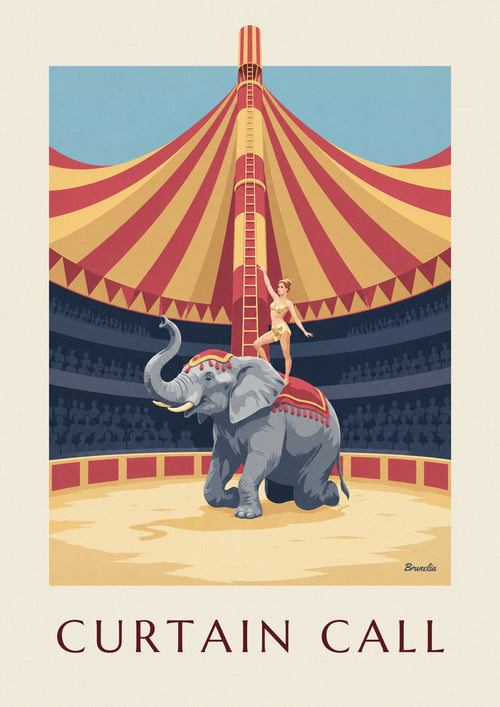 Poster of a kneeling elephant and an acrobat under the big top: the full poster