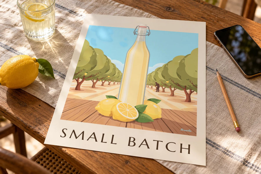Poster fles huisgemaakte citroenlimonade en citroenen: op een tafel