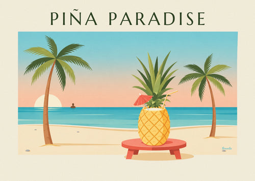 Poster piña colada geserveerd in een ananas op het strand: de hele poster