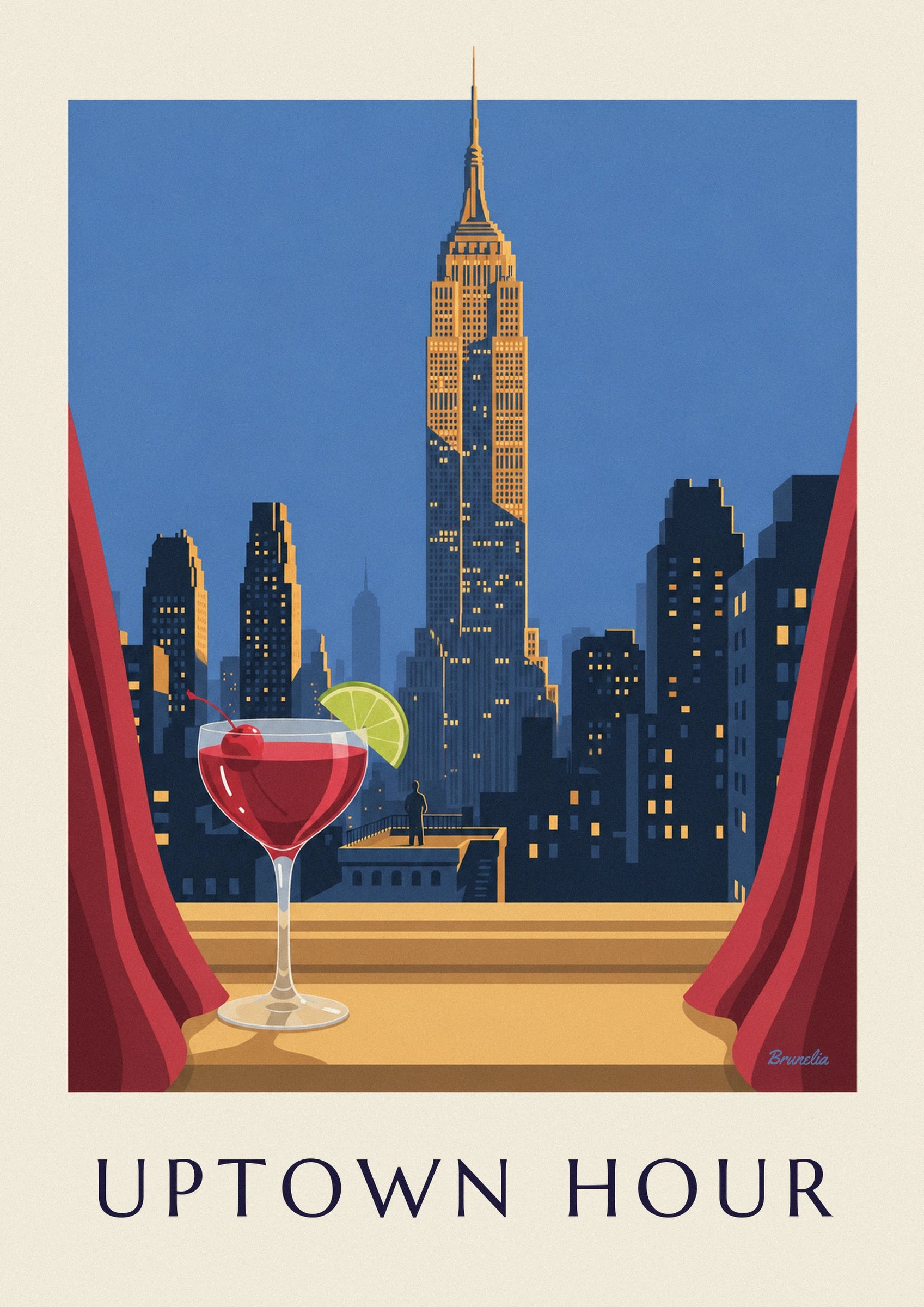 Coupe de cocktail rouge à la cerise, tranche de citron vert et rideau rouge, sur la terrasse