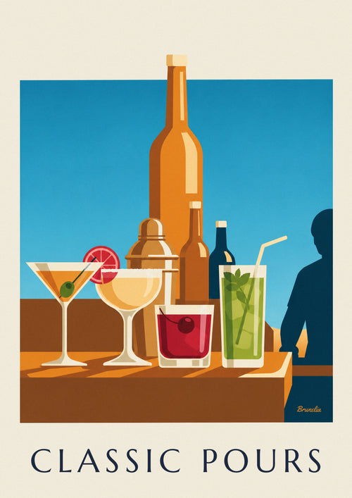 Affiche cocktails classiques sur un comptoir de bar : l'affiche entière