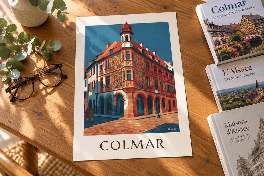Poster Maison Pfister en de houtgesneden galerij in Colmar: op een tafel