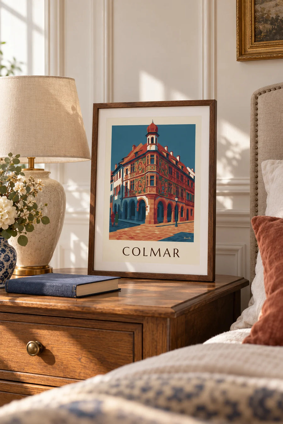Poster van het Maison Pfister met zijn houtgesneden galerij in Colmar: klein formaat A4 ingelijst