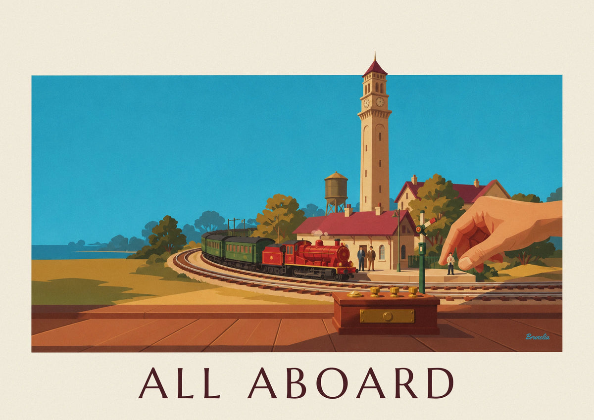 Miniature electric train and model railway station poster
