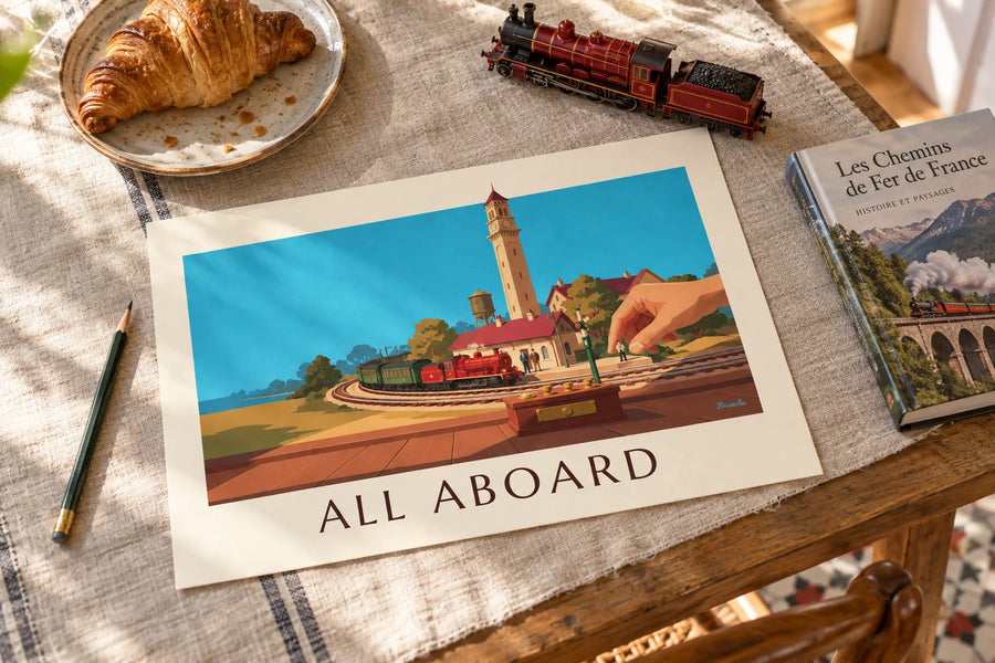 Poster miniatuur elektrische trein en modelbouwstation: op een tafel