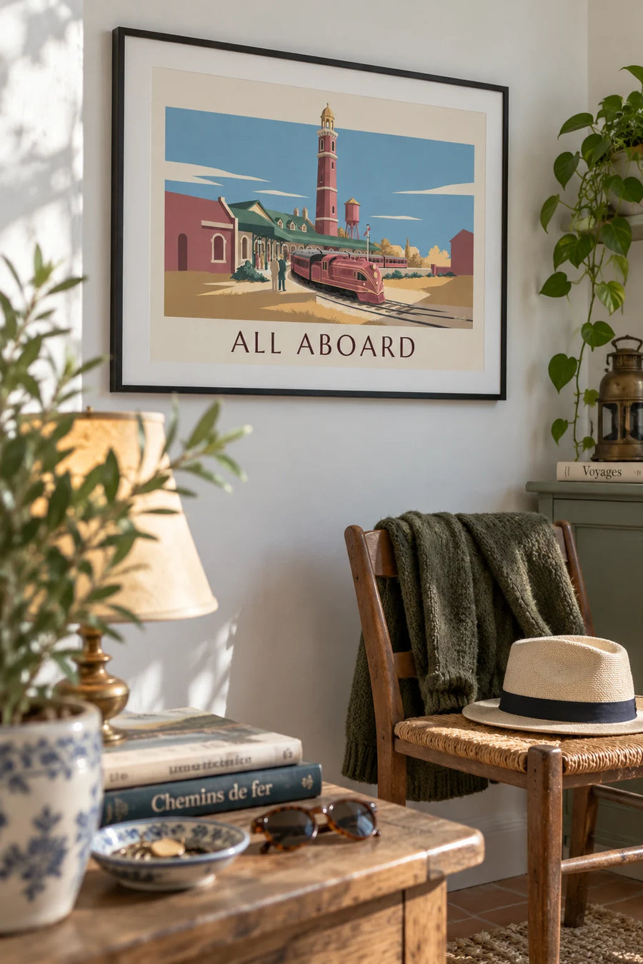 Affiche train électrique miniature et sa gare de modélisme : encadrée au mur
