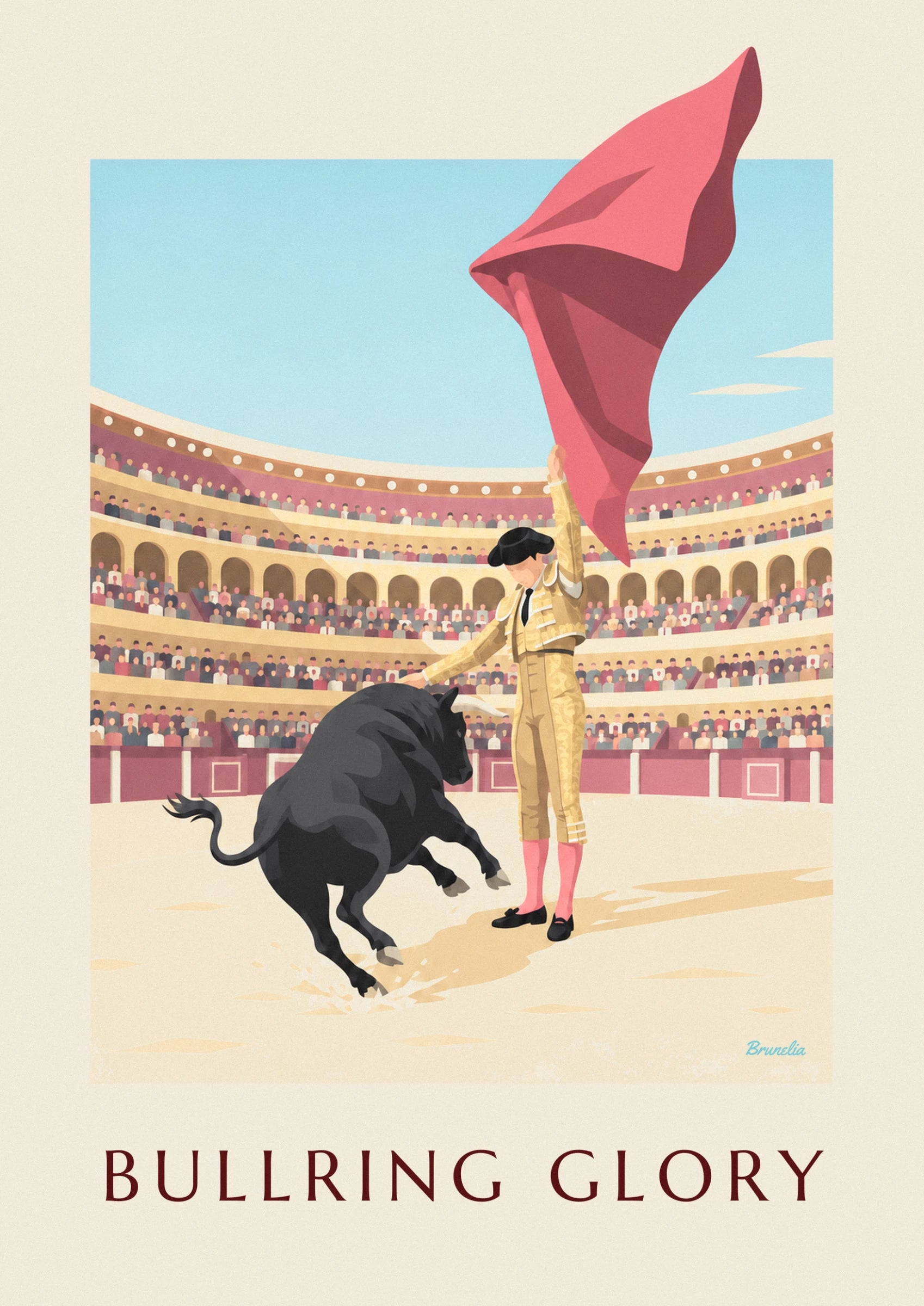 The matador in a golden suit and pink stockings facing the black bull in the arena