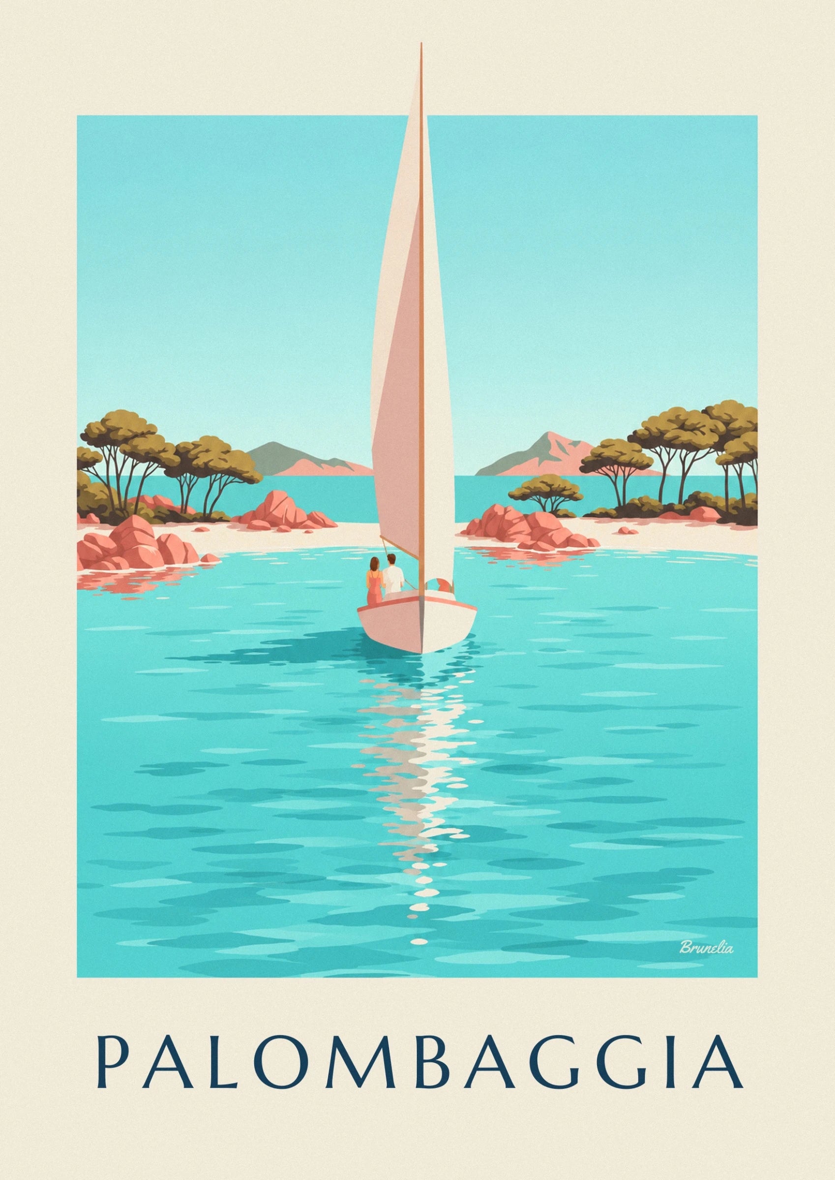 Een stel aan boord van een zeilboot met crème en roze zeilen op het turquoise water