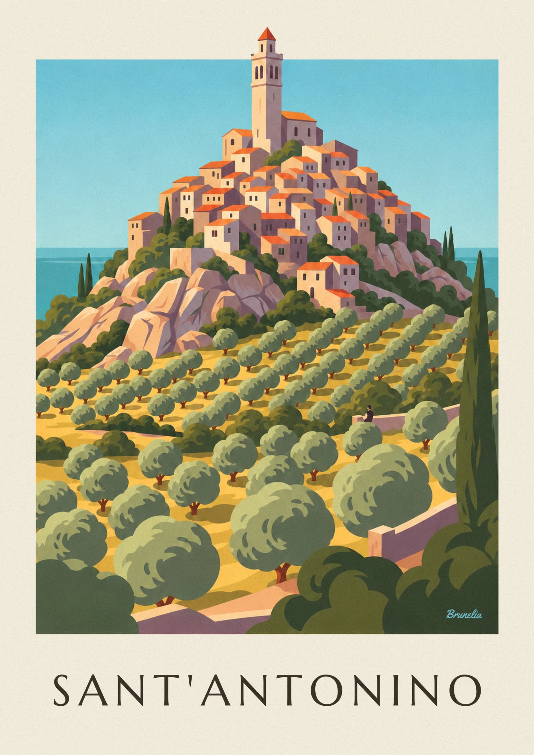 The bell tower and orange-roofed houses of the hilltop village on its rocky outcrop