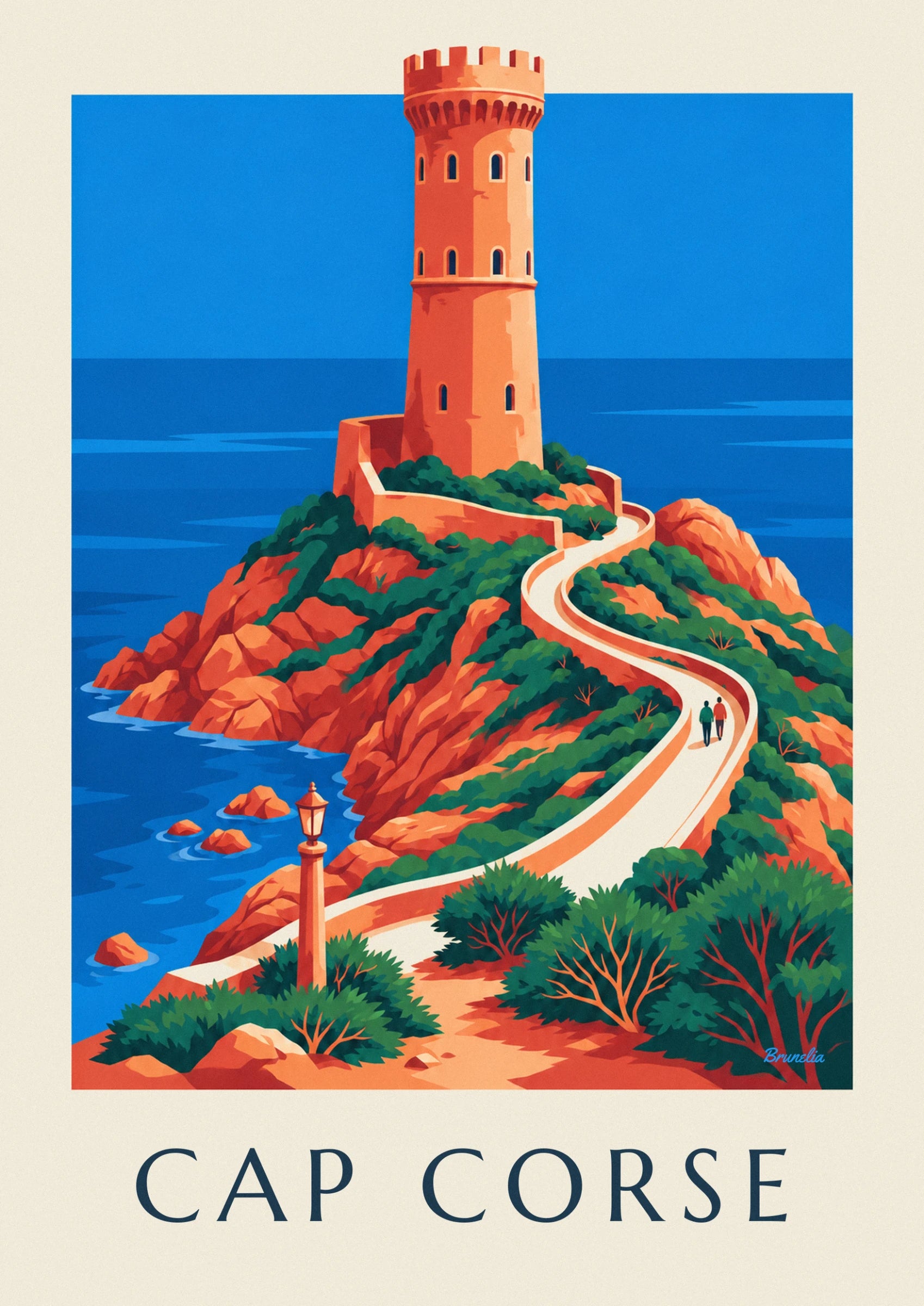 The ochre tower with battlements and arched windows, beside the blue sea