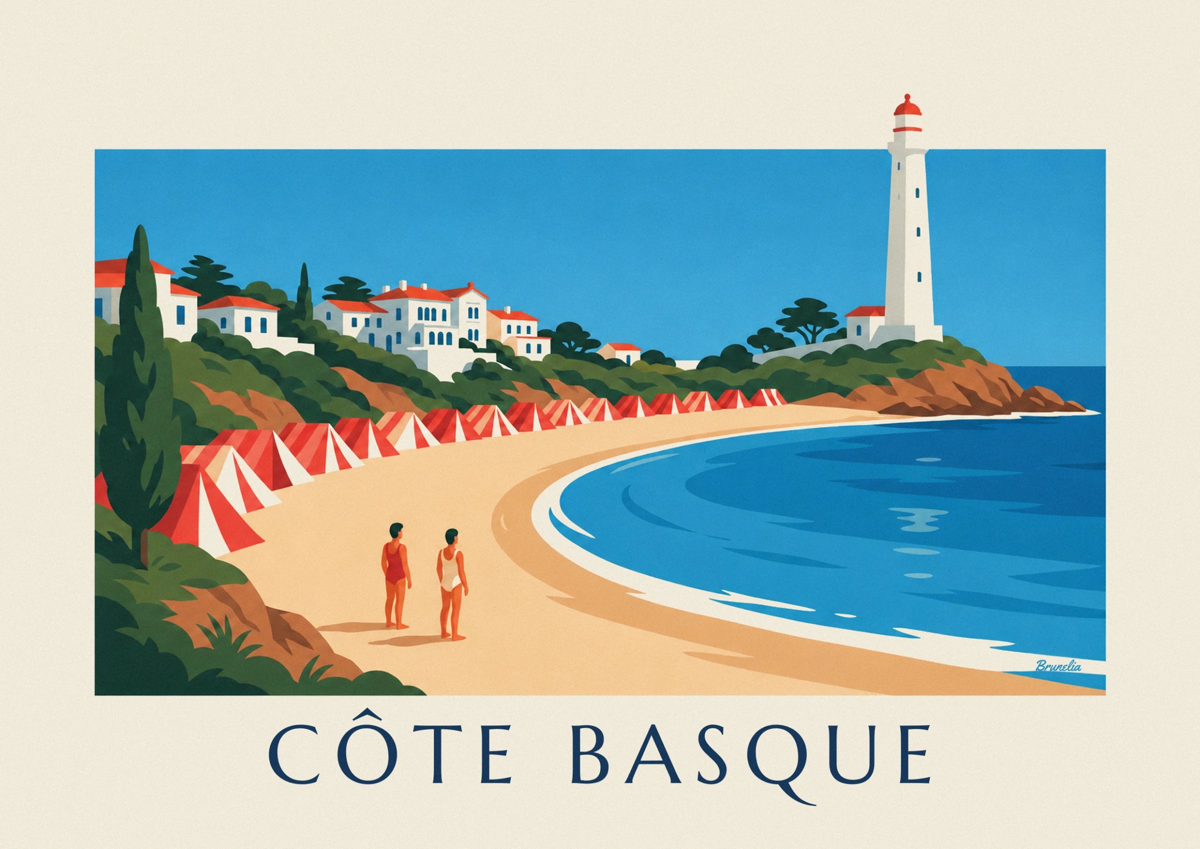 The white lighthouse with a red roof, perched on its rocky headland above the blue water