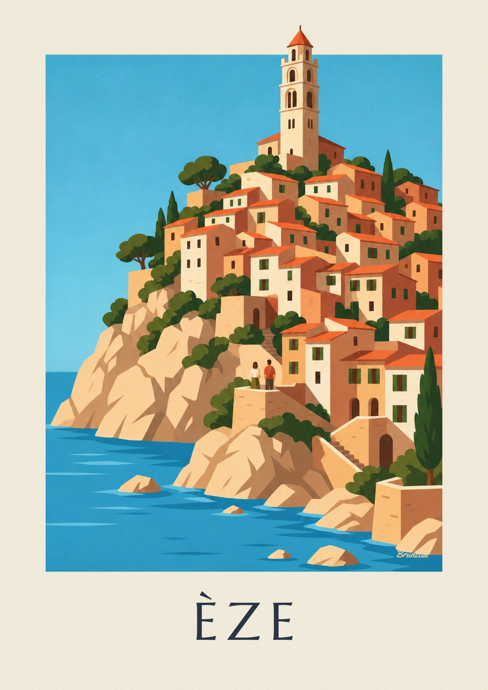 The stone bell tower rising above ochre houses with orange roofs, beneath a blue sky