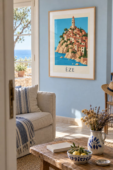 Poster of the hilltop village of Èze above the Mediterranean: framed on the wall