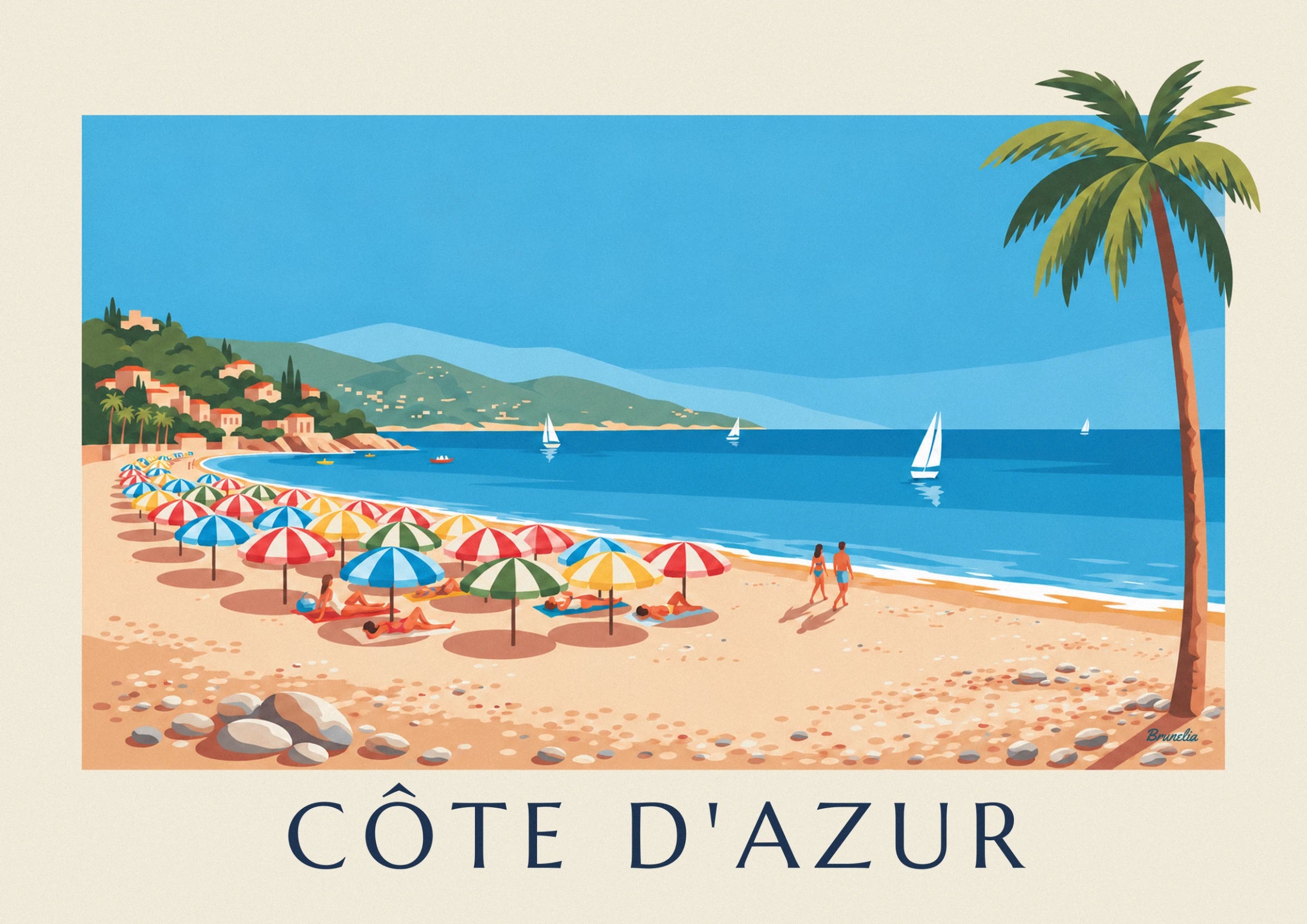 Rood, groen, blauw en geel gestreepte parasols, met zonnebaders languit op het zand