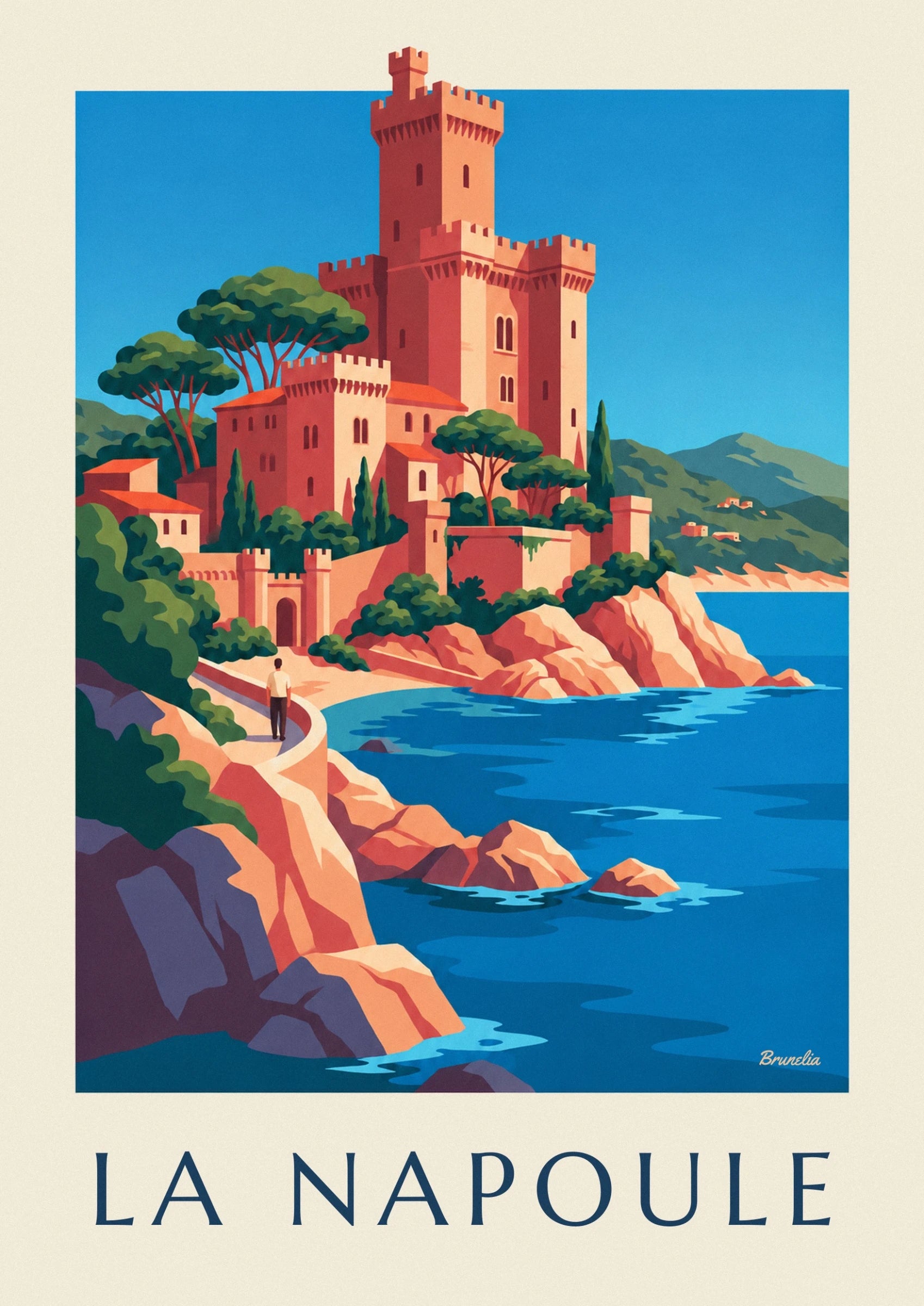 The crenellated towers of the château de la Napoule among pine and cypress trees