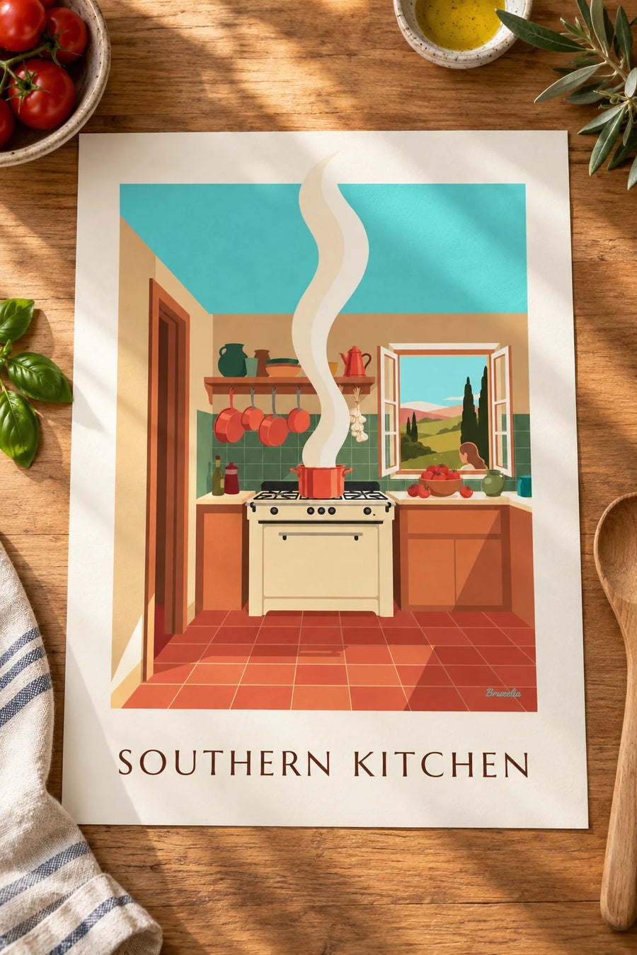 Affiche cuisine du Sud, ratatouille et casseroles en cuivre : posée sur une table