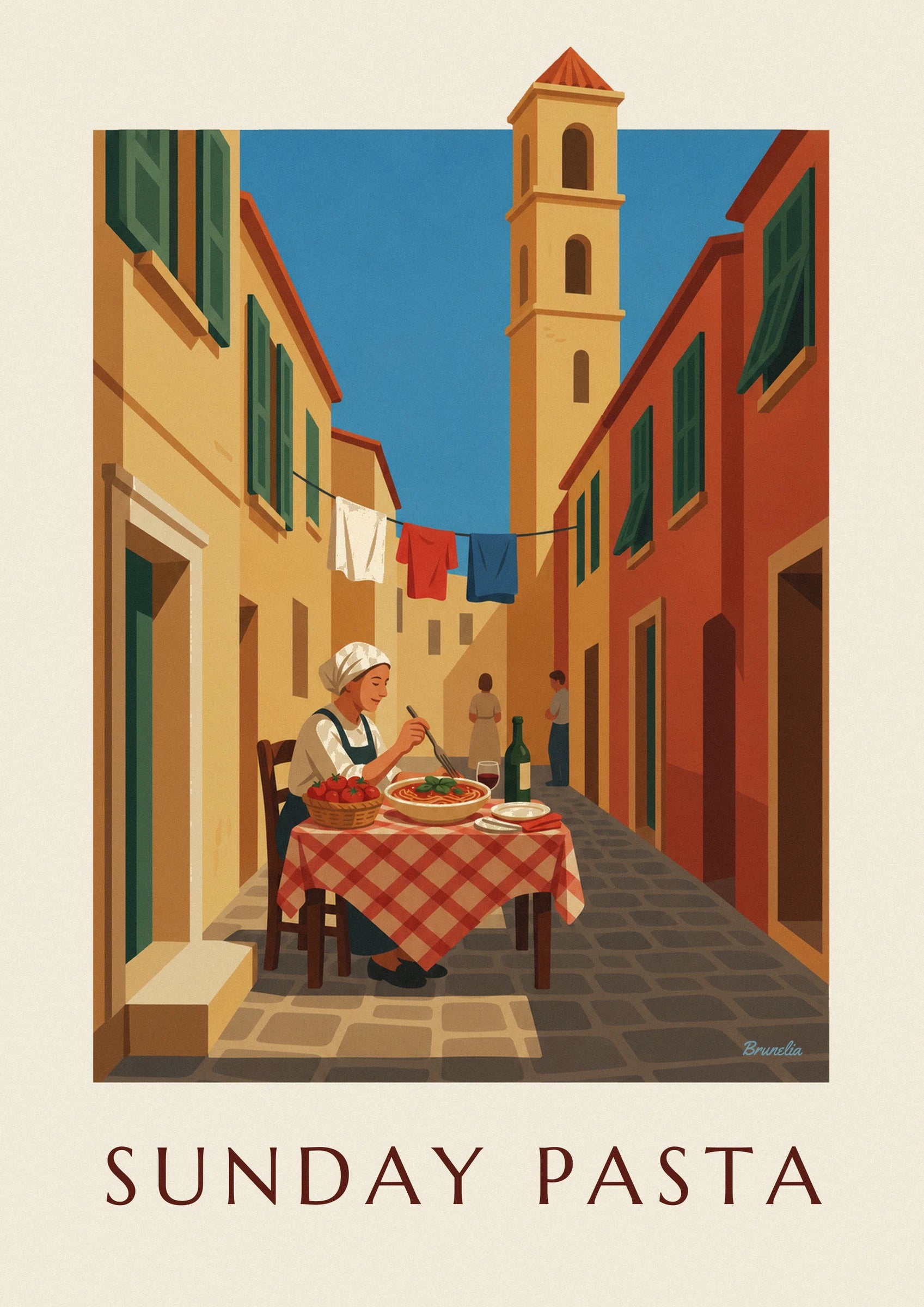 The cook in a white headscarf, with her plate of spaghetti with basil and her glass of red wine