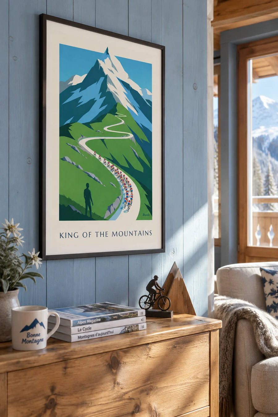 Poster of a cycling peloton on the switchbacks of an Alpine pass: framed on the wall