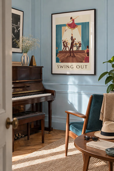 Poster of a swing dancing couple in a ballroom: framed on the wall