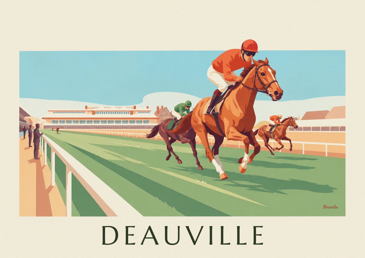 Affiche hippodrome de Deauville et chevaux au galop