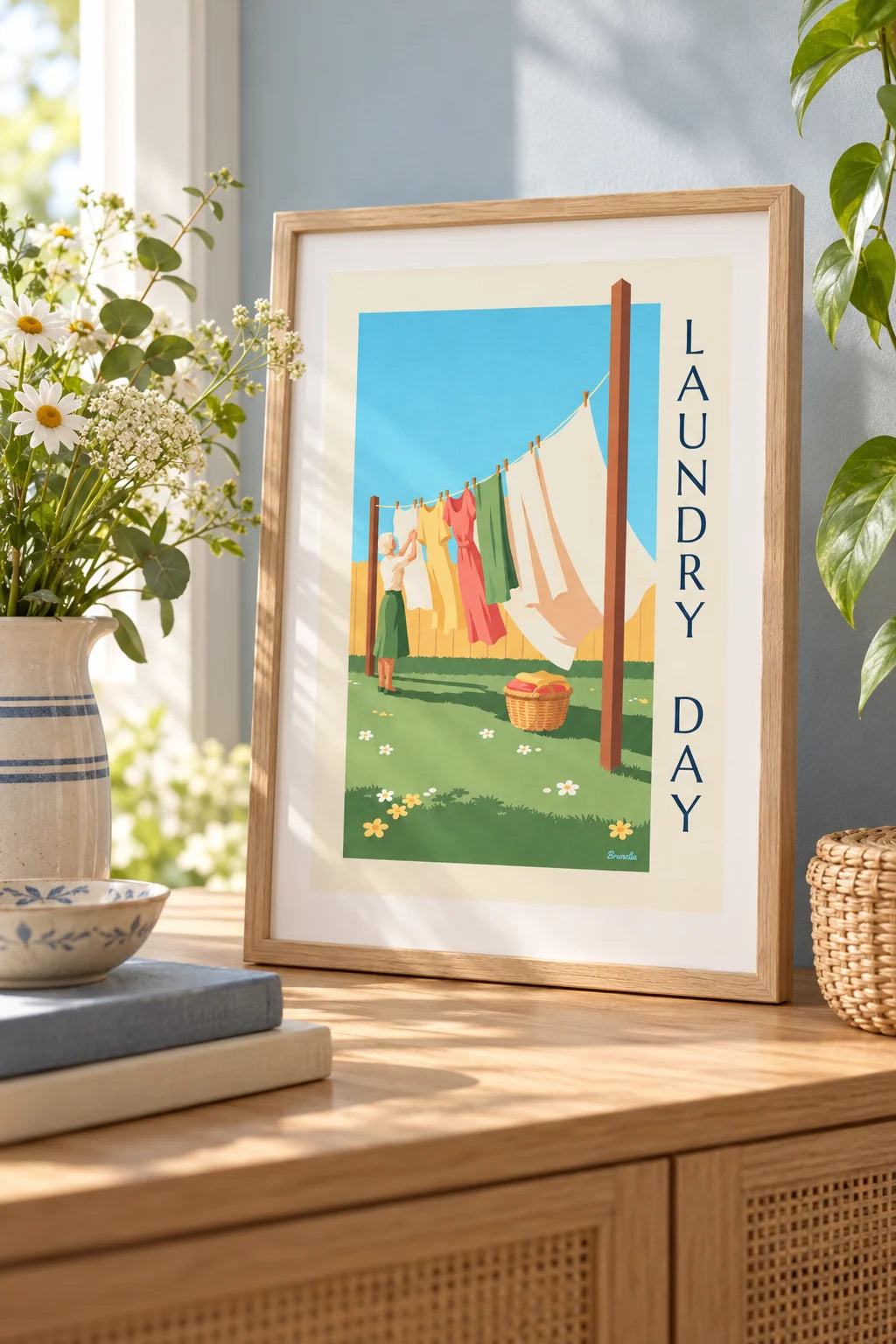 Bijkeuken: sfeerbeeld van Poster wasdag en wit wasgoed dat in de zon droogt