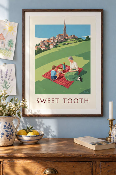 Affiche pique-nique et boîte à biscuits fleurie sur une colline : encadrée au mur