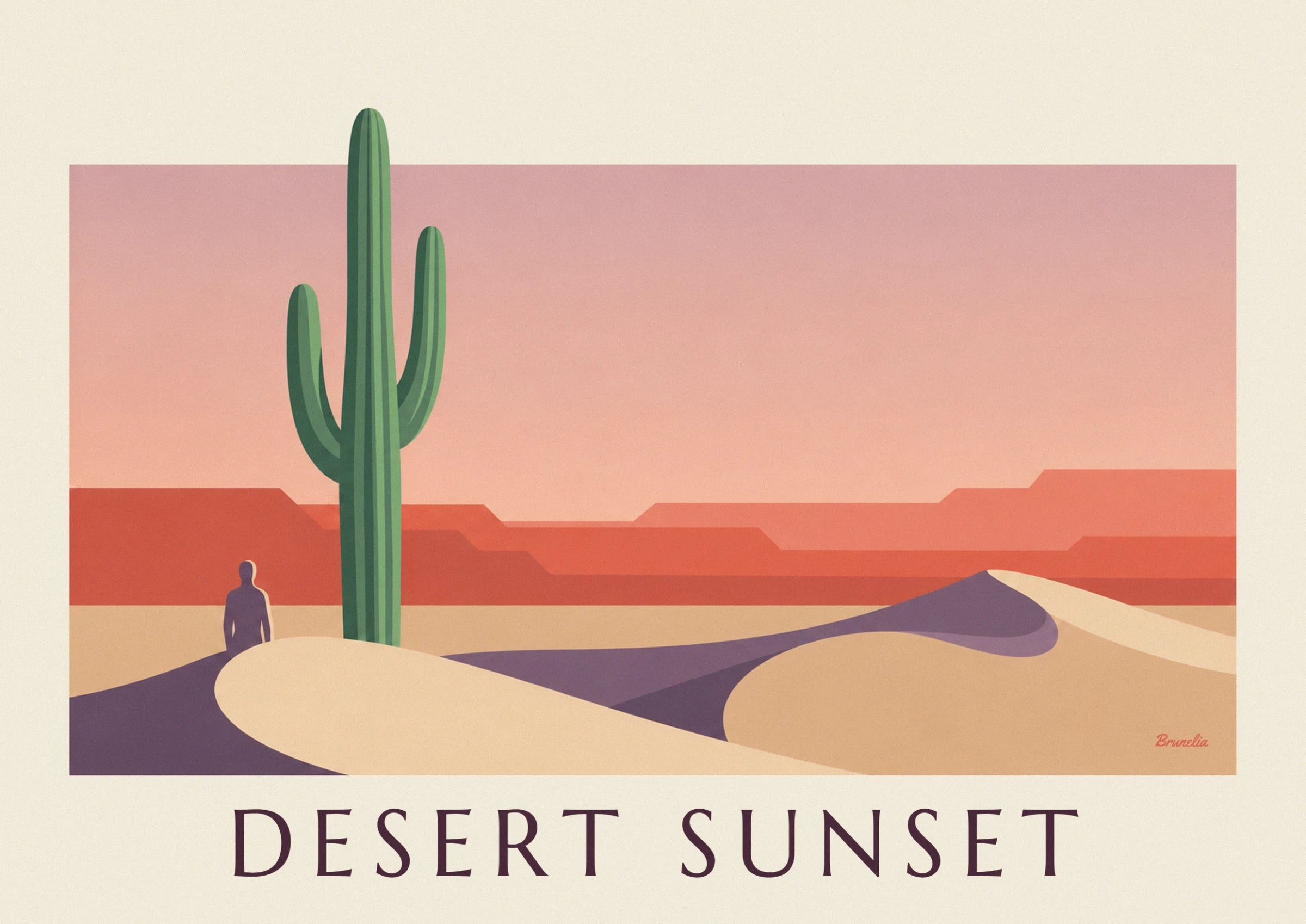 The tall green saguaro and the purple silhouette of a walker, in front of the red cliffs