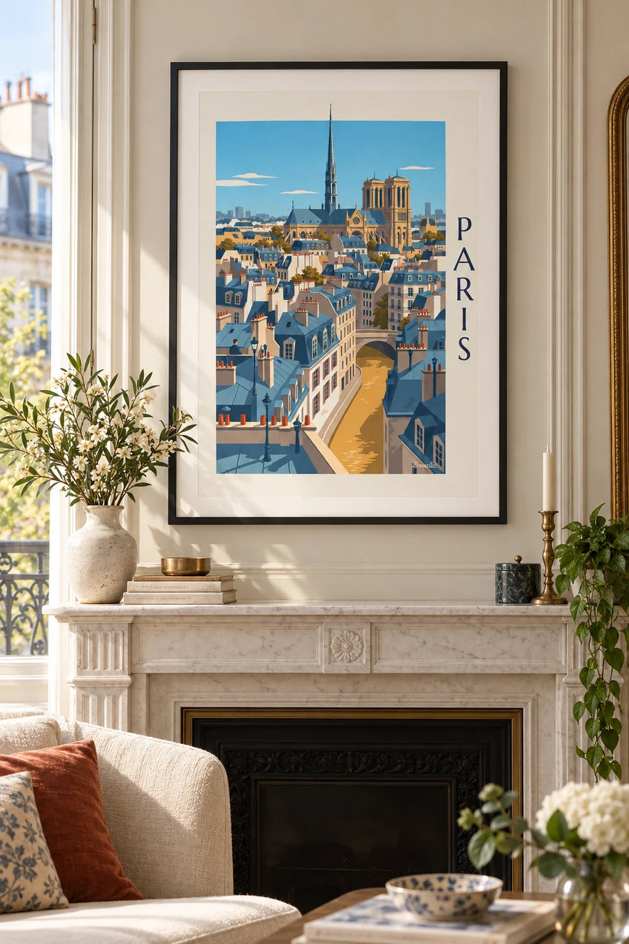 Poster Haussmanniaanse daken van Parijs en kathedraal Notre-Dame: ingelijst aan de muur