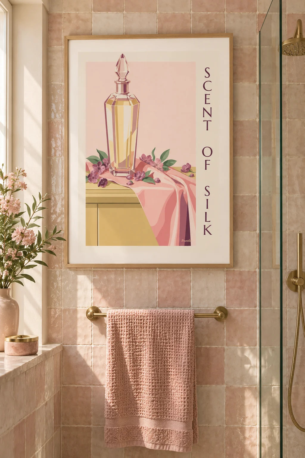 Slaapkamer: sfeerbeeld van Poster kristallen parfumflesje en gedrapeerde zijde