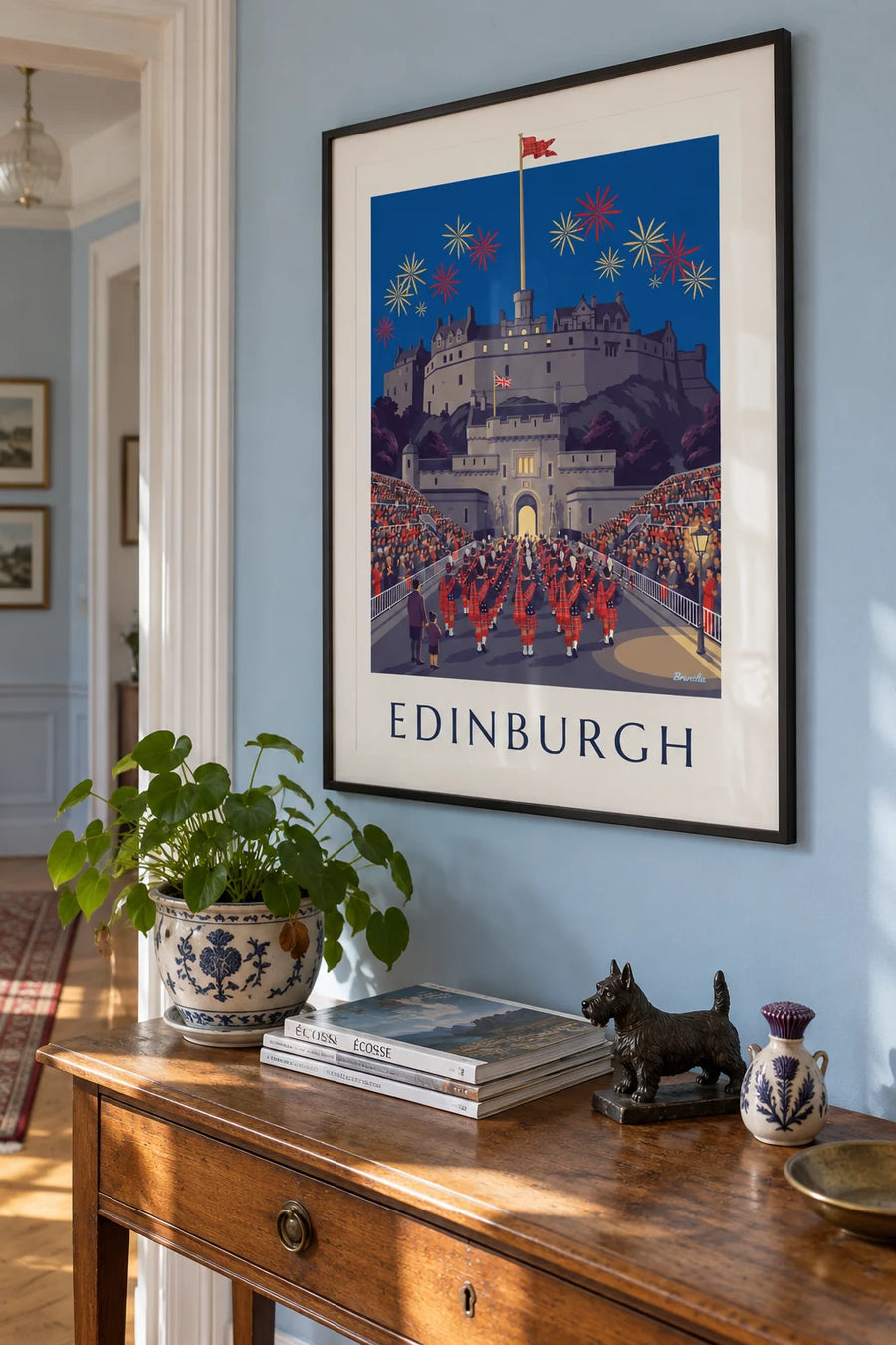 Poster van het kasteel van Edinburgh en de Military Tattoo bij nacht: ingelijst aan de muur
