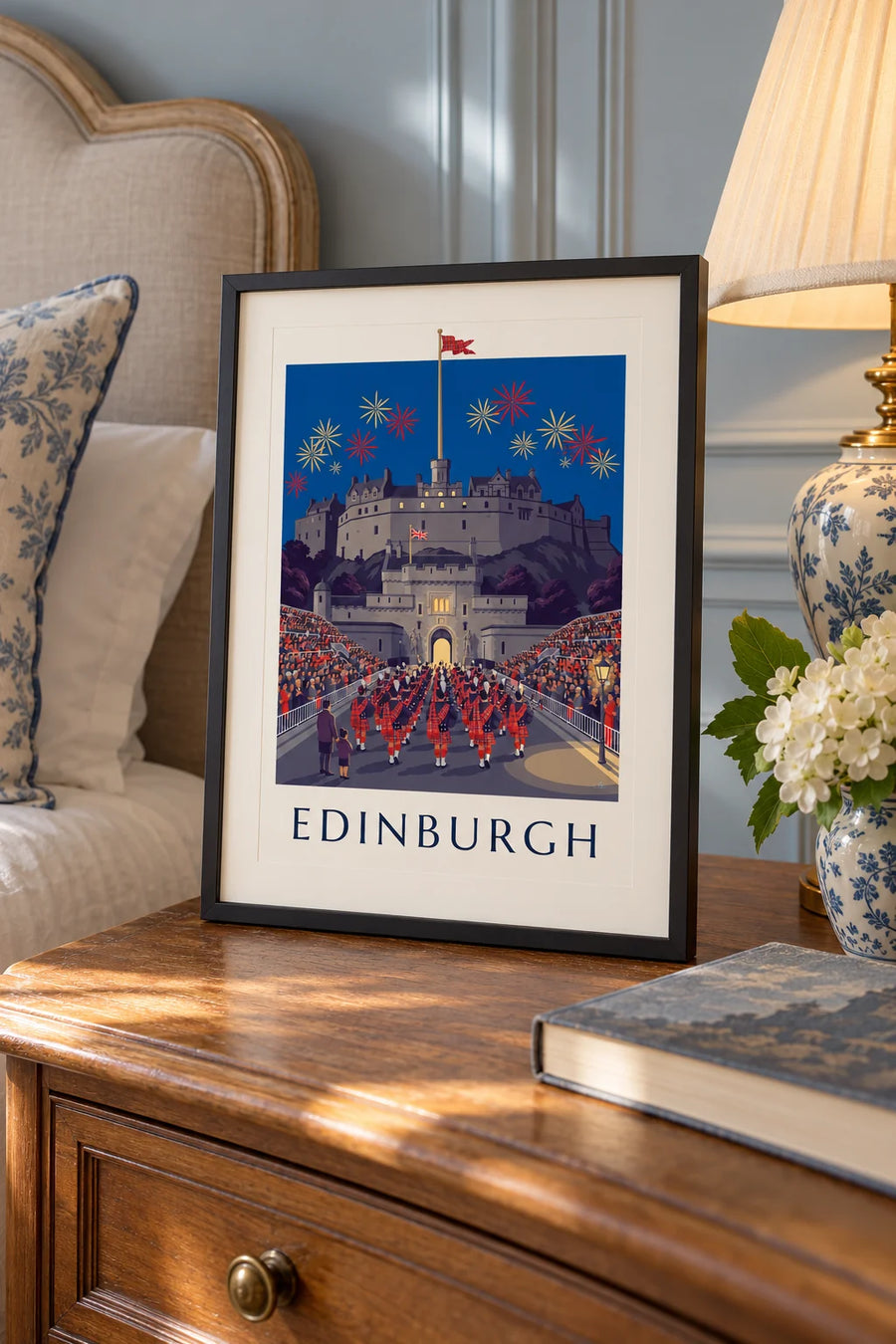 Poster kasteel van Edinburgh en Military Tattoo bij nacht: klein formaat A4 in lijst