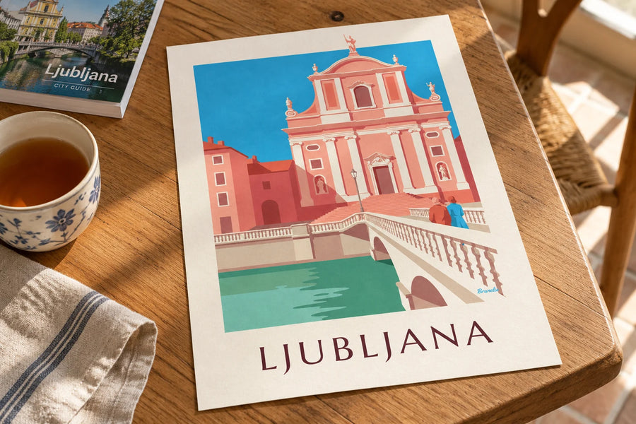Poster roze franciscanenkerk van Ljubljana: op een tafel