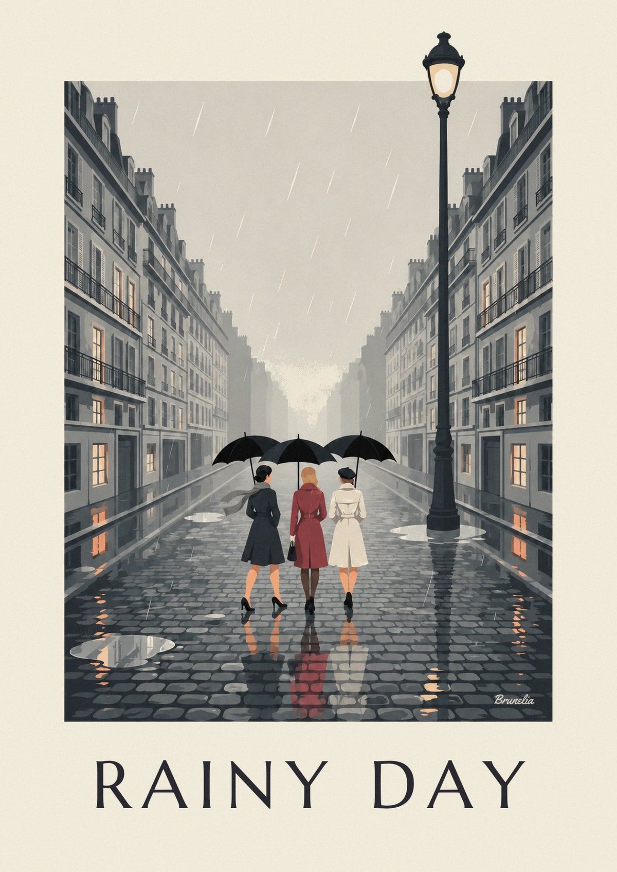 3 women in the rain with black umbrellas poster