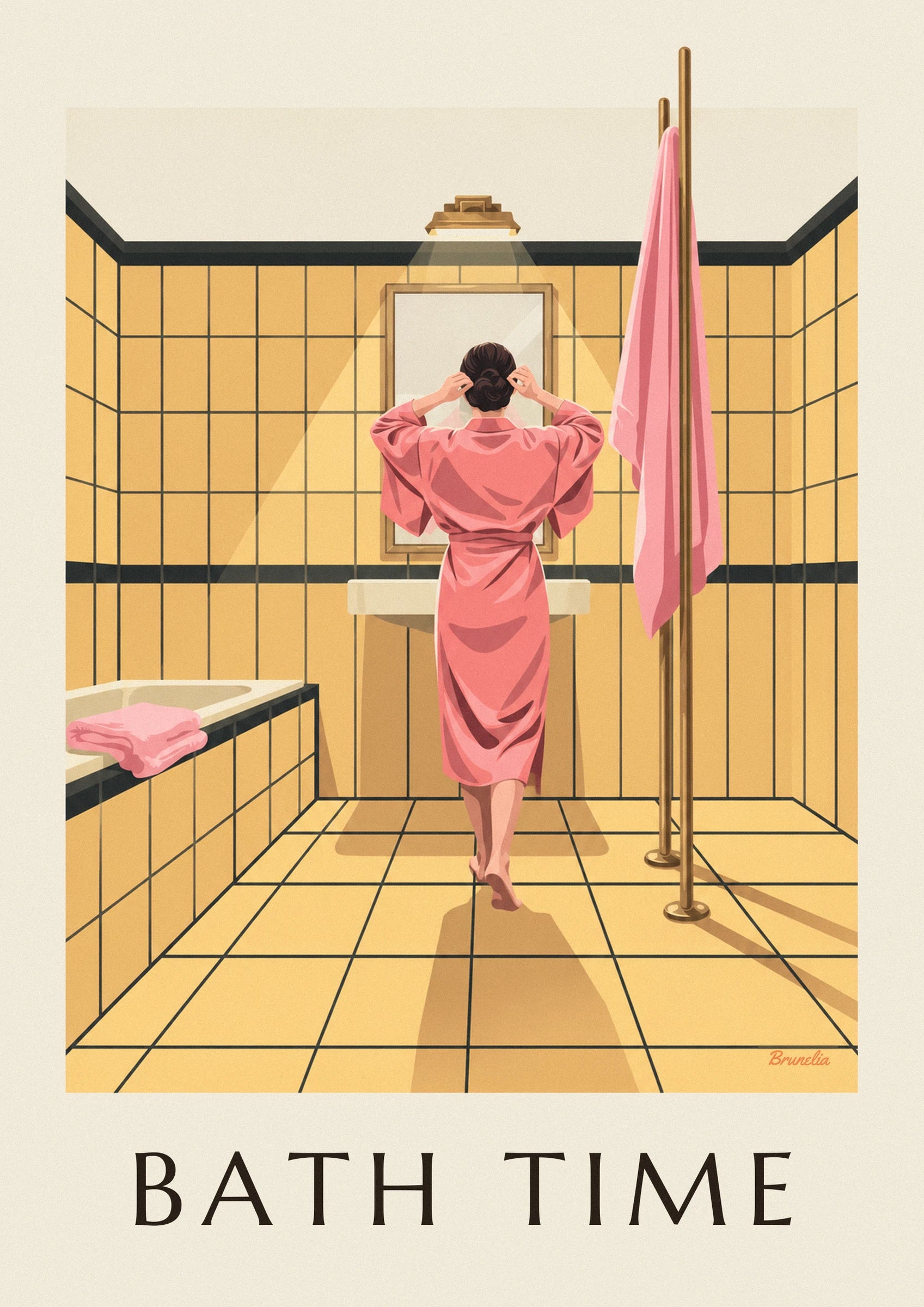 A woman seen from behind in a pink dressing gown at the washbasin, against yellow tiles