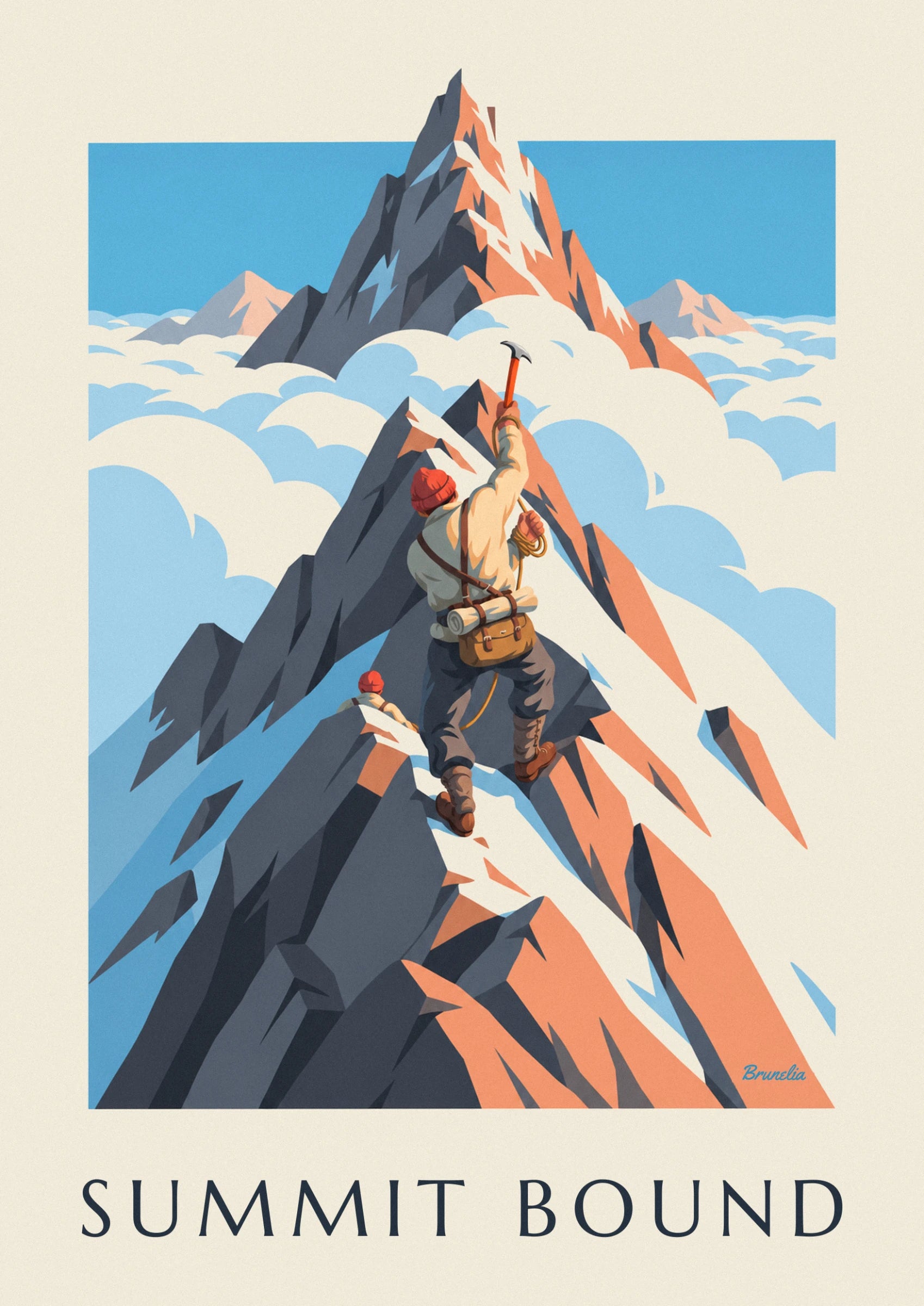 The mountaineer in a red hat, ice axe raised and rope at their waist on the rocky ridge